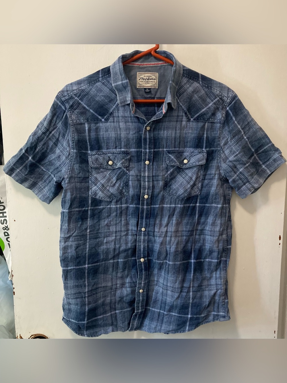 Flag & Anthem Men's Button Up Short Sleeve Western Shirt Size Medium M Navy Blue